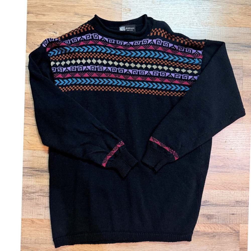 Boho Jill Altmann‎ Sweater Black Fair Isle Geometric Reno Tahoe Knit Pullover M